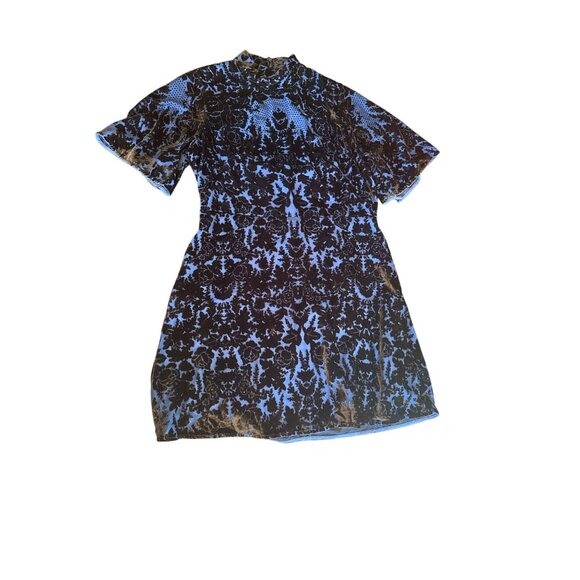 Anthropologie Blue & Black Velvet Floral Short-Sleeve Dress Open Back Size 14 - Picture 1 of 7